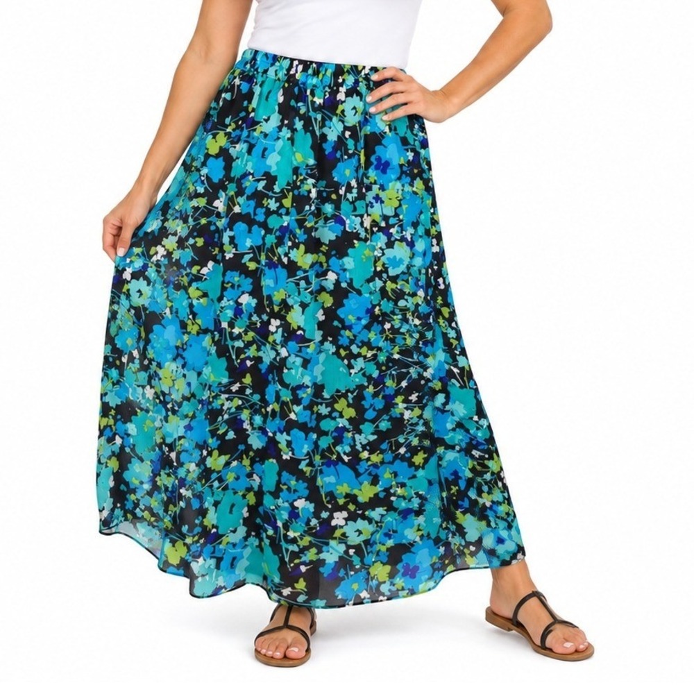 Vintage Sag Harbor Womens Maxi Skirt XL Black Floral Chiffon Pull-On Fairy Artsy